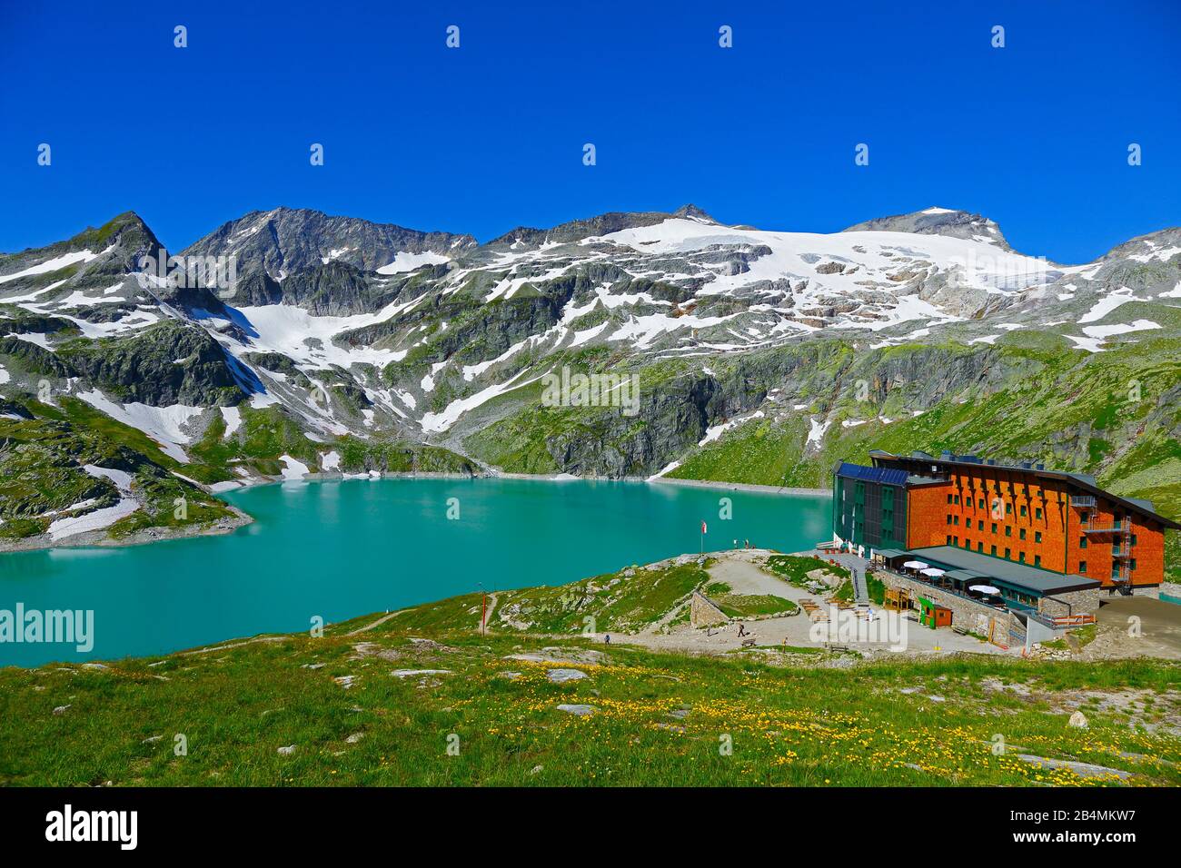 Weißsee Glacier World con Berghotel Rudolfshütte nel Parco Nazionale degli alti Tauri Foto Stock