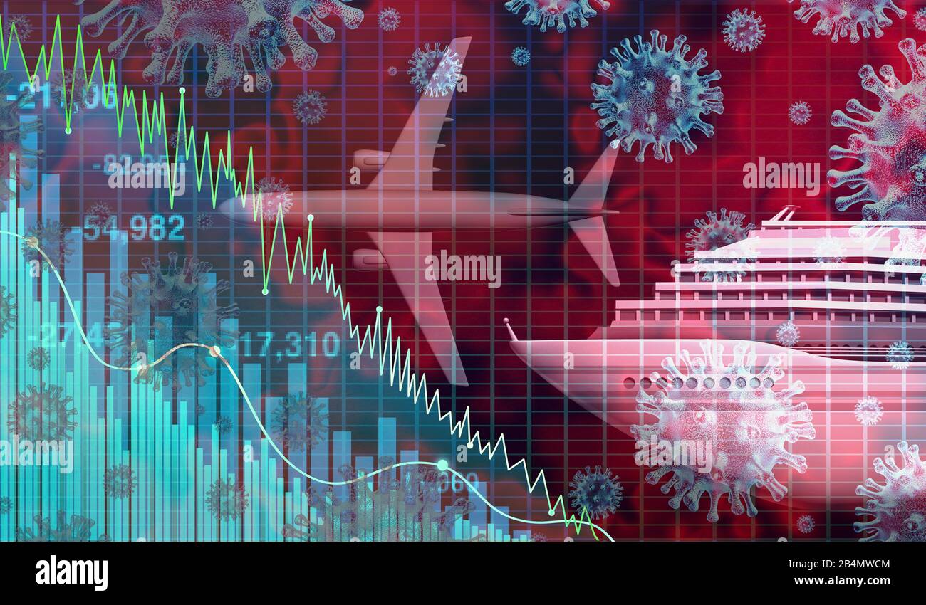 Crisi finanziaria e avazione del settore dei viaggi economia e malattia come una pandemia economica paura e coronavirus focolaio di virus per compagnia aerea. Foto Stock