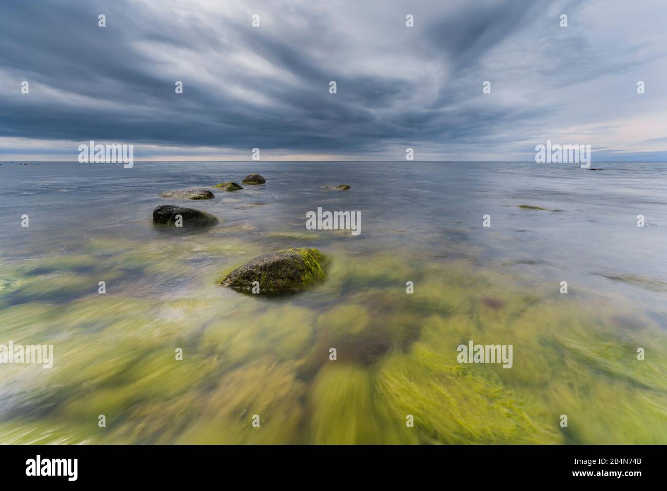 Mar Baltico in serata luce, lunga esposizione, spiaggia con pietre e alghe che vengono lavate dall'acqua, Foto Stock