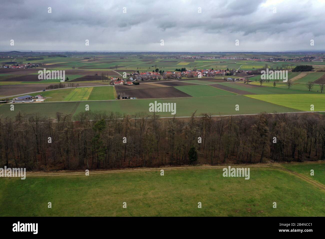 06 marzo 2020, Baviera, Mönchsdeggingen: Vista sul bordo del cratere boscoso meridionale fino al cratere meteorite Nördlinger Ries (foto aerea scattata con un drone). Gli scienziati hanno analizzato i campioni dell'area per ottenere i dati per una missione della NASA su Marte (a dpa-KORR: 'Le rocce bavaresi dovrebbero aiutare nella ricerca della vita su Marte' del 07.03.2020). Foto: Karl-Josef Hildenbrand/Dpa Foto Stock