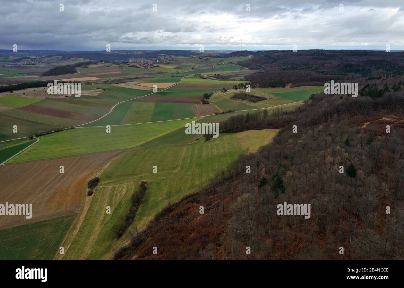 06 marzo 2020, Baviera, Mönchsdeggingen: Vista del bordo boschivo meridionale del cratere meteorite Nördlinger Ries (foto aerea scattata con un drone). Gli scienziati hanno analizzato i campioni dell'area per ottenere i dati per una missione della NASA su Marte (a dpa-KORR: 'Le rocce bavaresi dovrebbero aiutare nella ricerca della vita su Marte' del 07.03.2020). Foto: Karl-Josef Hildenbrand/Dpa Foto Stock