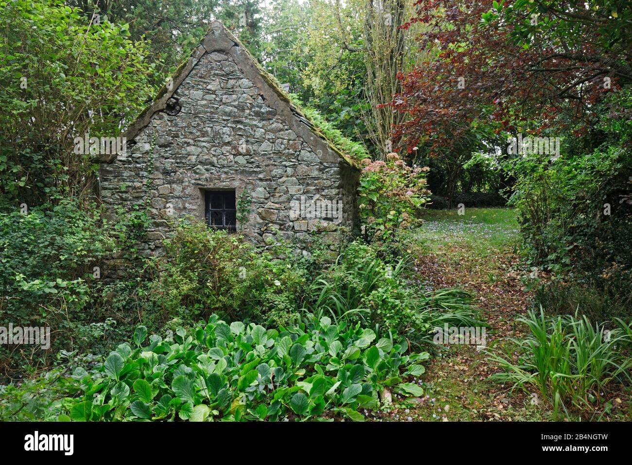 Casa giardino in pietra cava in un lussureggiante giardino naturale. Sulla Corniche de l–´penisola Amorique nel dipartimento Côtes-d'Armor, nella regione della Bretagna. Foto Stock