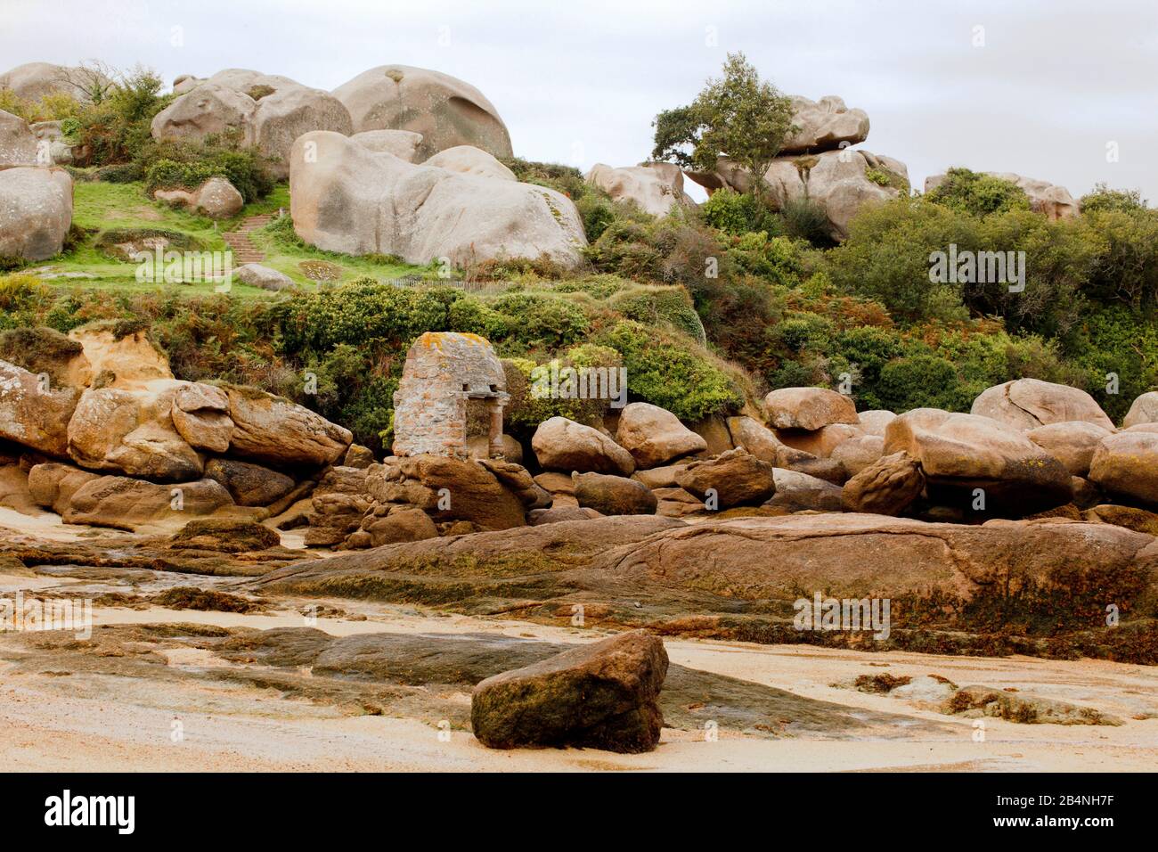 La famosa costa rocciosa francese della Cote de Granit Rose in Bretagna. Famoso per i suoi massicci blocchi di granito. Foto Stock