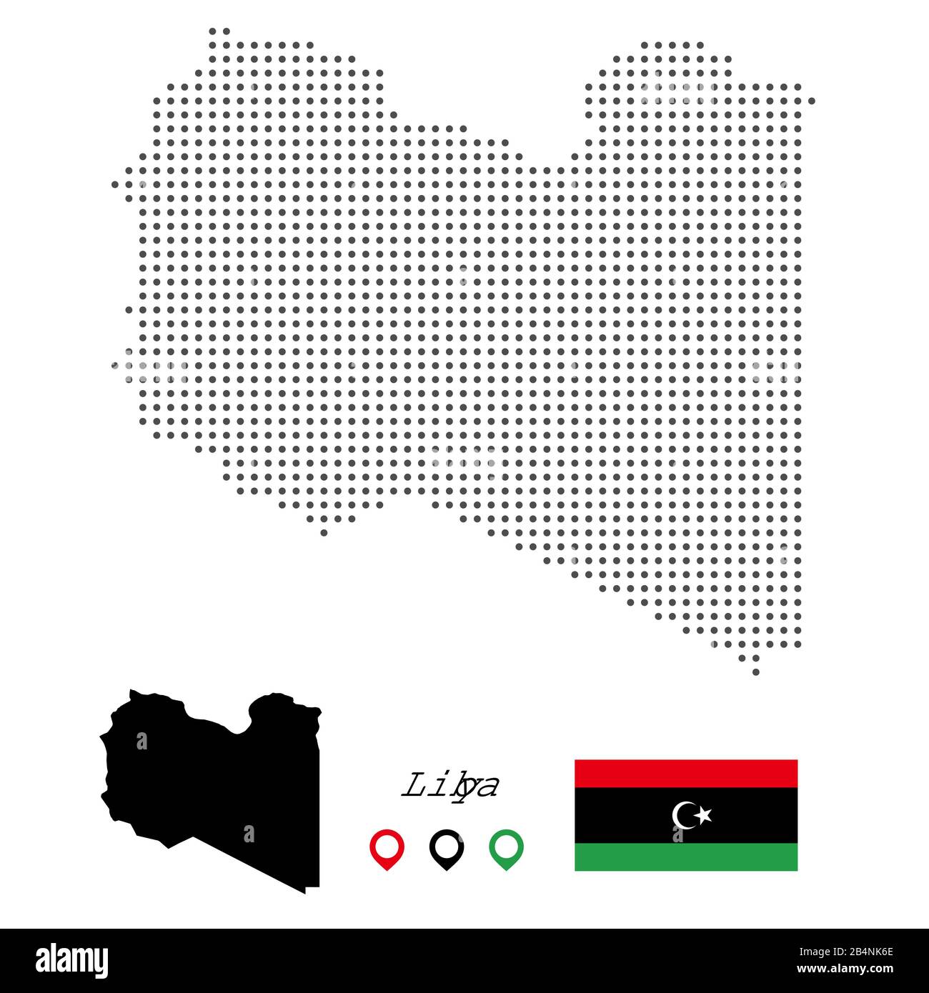 Vettore mappa Libia punteggiato, con bandiera e pin. Illustrazione Vettoriale Illustrazione Vettoriale