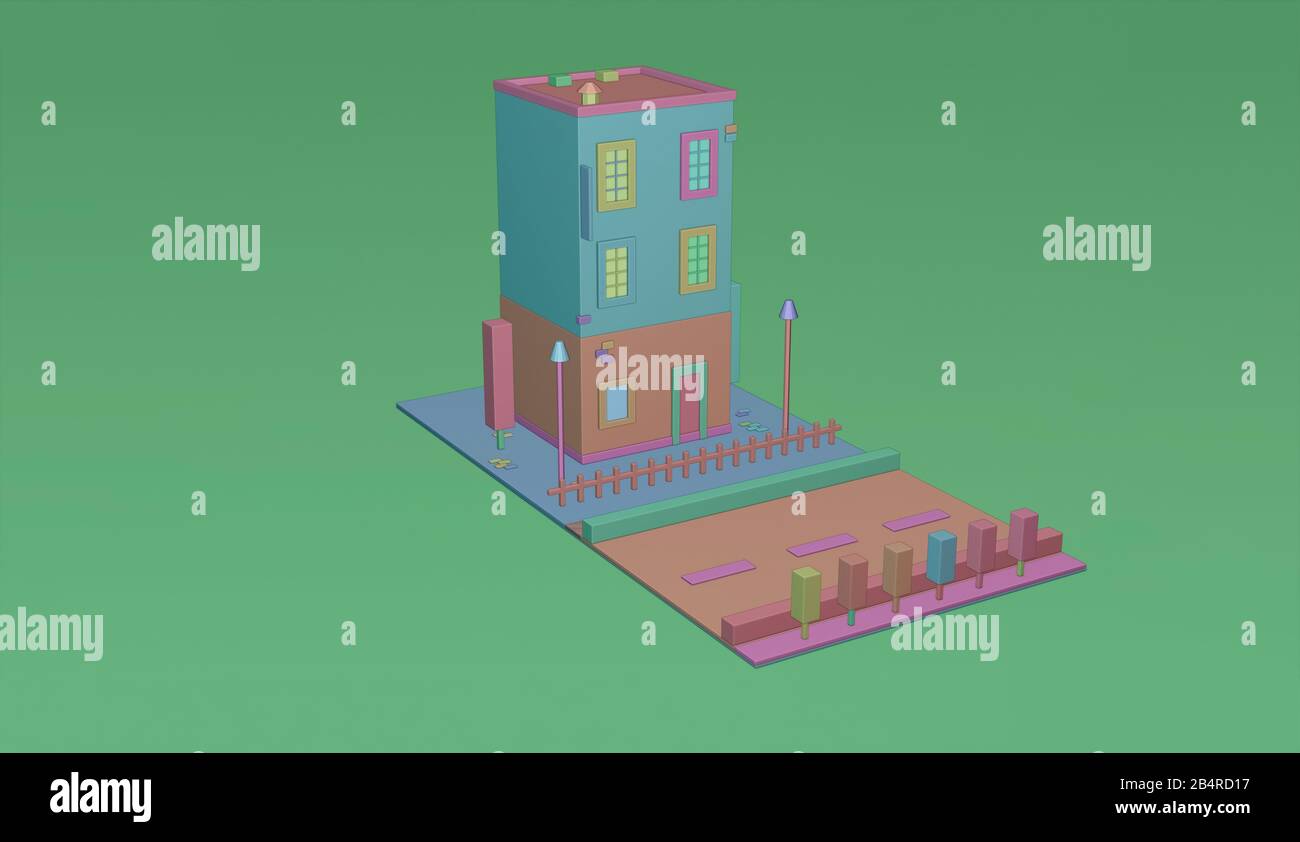 Icona isometrica vettoriale o elementi grafici di informazioni che rappresentano basso Poly Town appartamento con percorsi a piedi, strada e luci di strada per la creazione della mappa della città. 3D re Foto Stock