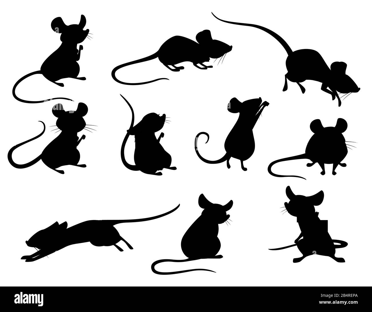 Set di silhouette nere di mouse grigio in diverse pose cute piccolo mammifero animale piatto vettore illustrazione isolato su sfondo bianco. Illustrazione Vettoriale