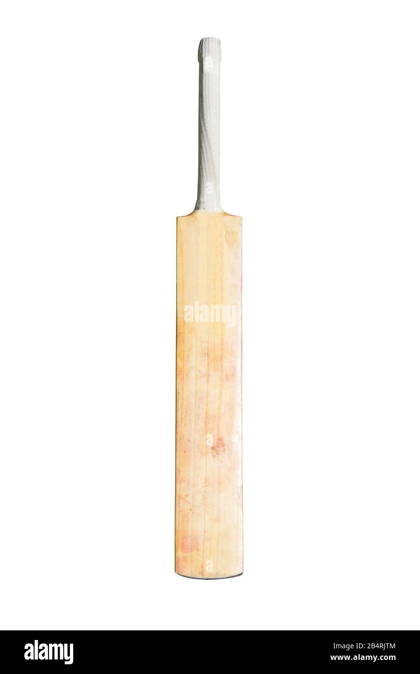 Pipistrello di cricket di legno isolato su bianco Foto Stock