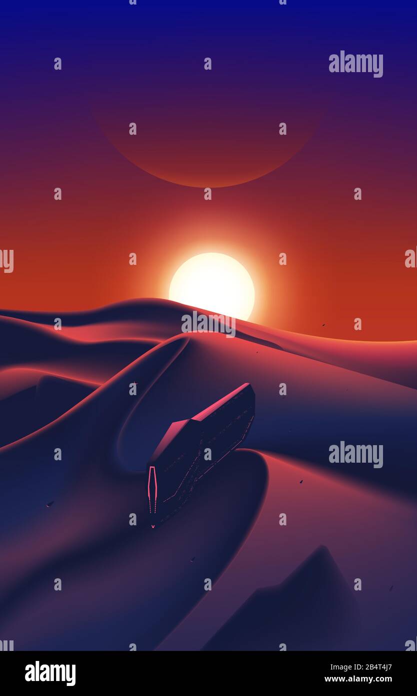 Un'immaginaria immagine fantascientifica della flotta di astronave sta volando sopra il deserto, che ha il bel tramonto all'orizzonte. Illustrazione Vettoriale