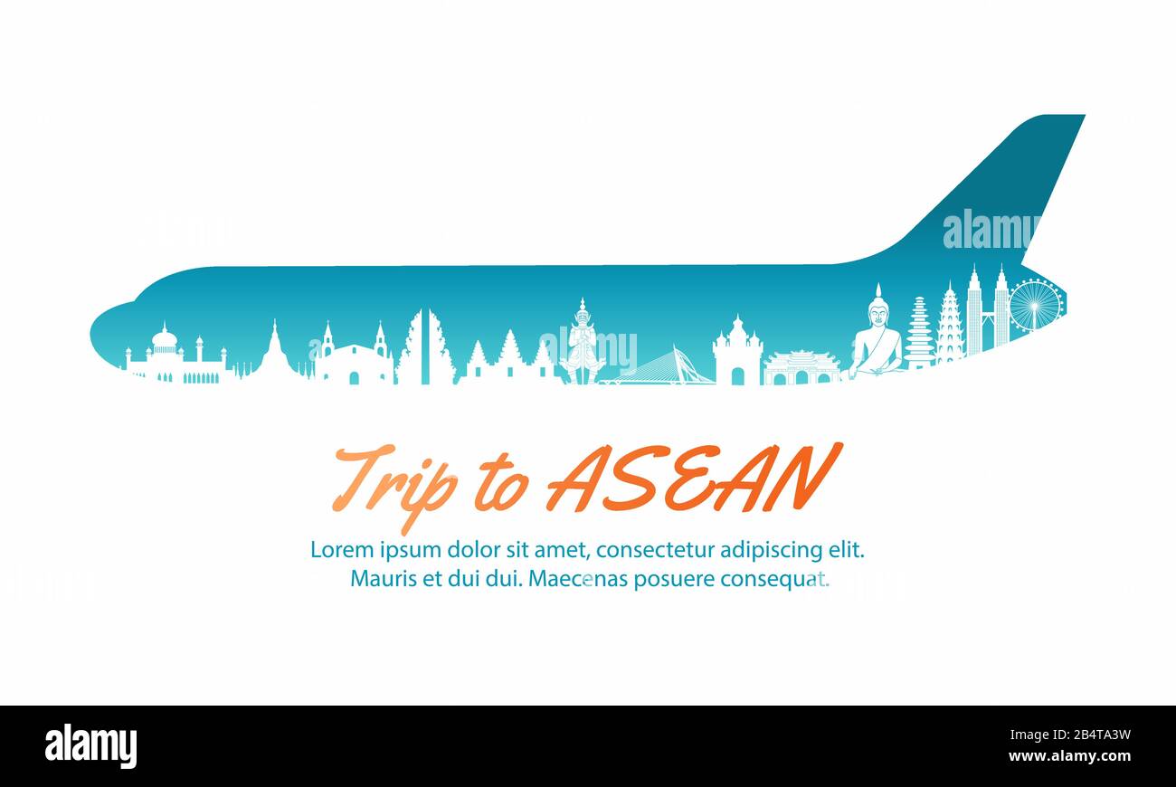 Punto di riferimento ASEAN interno con forma piana in concept art per stile di silhouette, illustrazione vettoriale Illustrazione Vettoriale