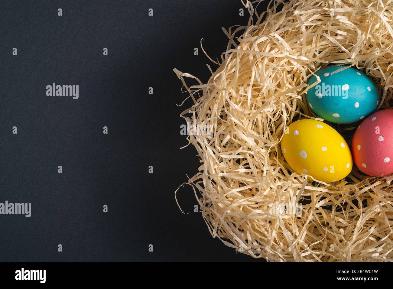 Colorful polka dot uova di Pasqua in nido di legno su sfondo nero scuro nero chiaro, biglietto di auguri, copia spazio, vista dall'alto Foto Stock