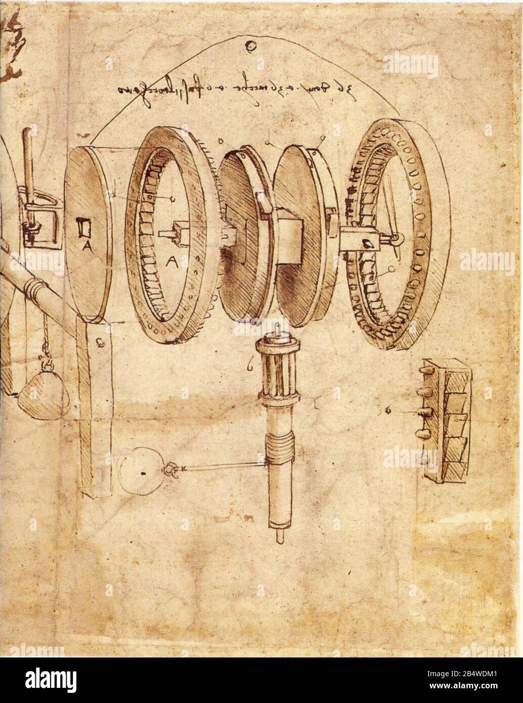 Leonardo da Vinci. Macchina con moto alternato. Vista esplosa del meccanismo complicato. Dettagli. 1478-1480 Foto Stock
