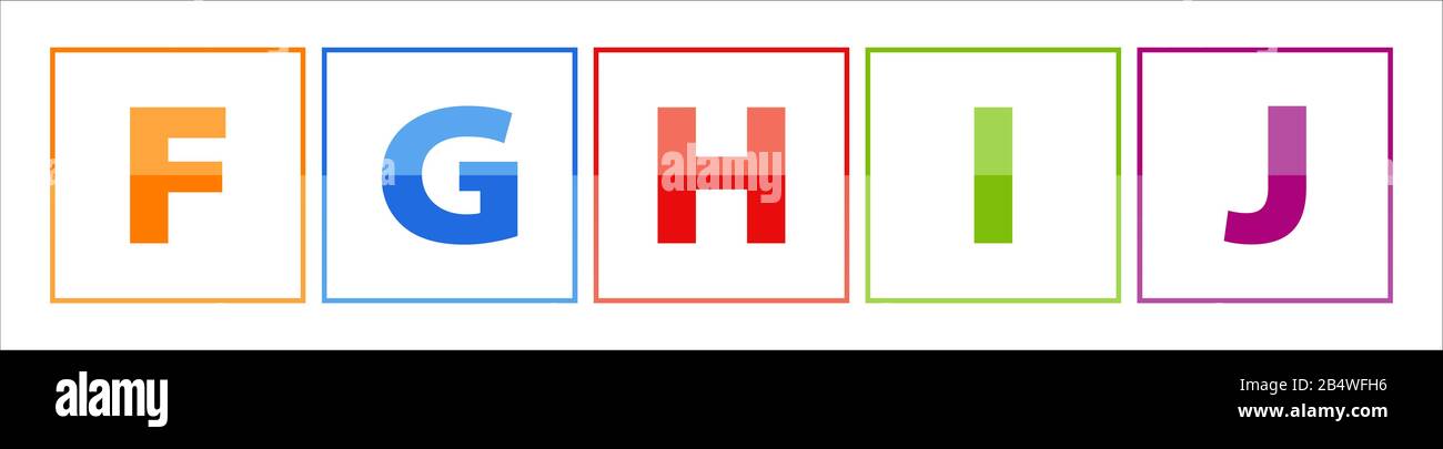 Le lettere colorate F,G,H,i,J, fatte con arancione- rosso, viola, blu, verde. Ogni lettera è nella cornice e lo sfondo è bianco Illustrazione Vettoriale
