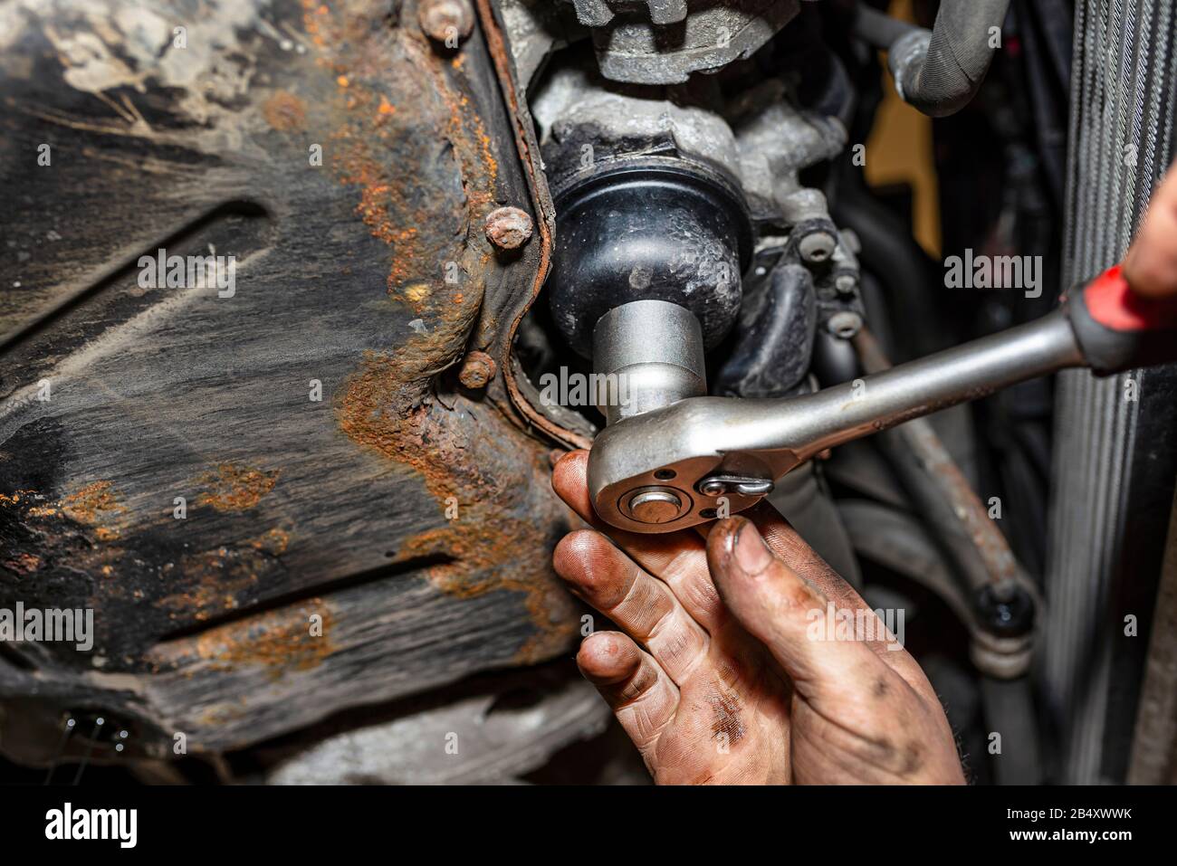 Il meccanico del veicolo sviti il filtro diesel accanto alla coppa dell'olio con una chiave metallica, mani uomo visibili. Foto Stock
