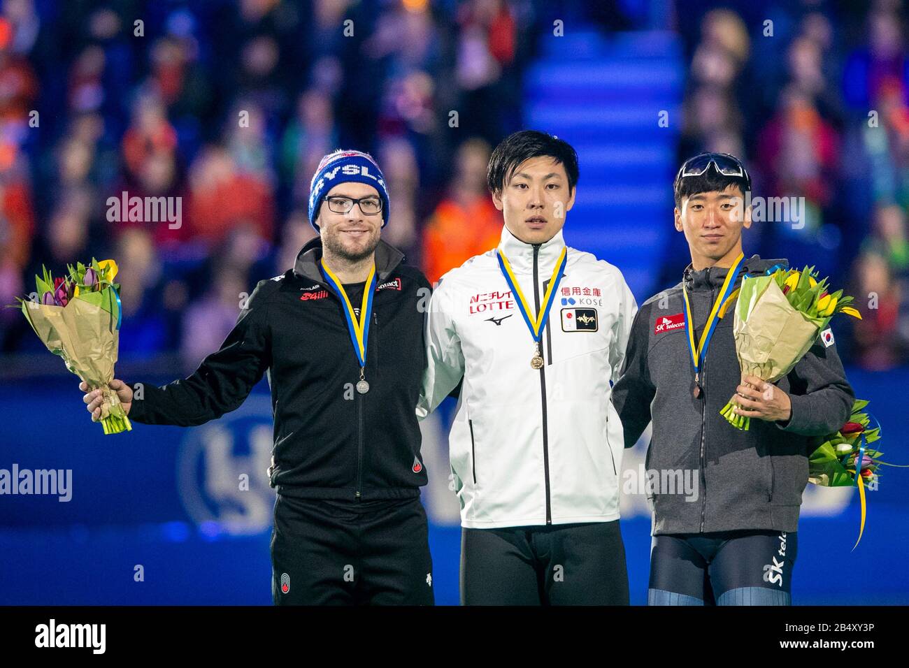 Heerenveen, Thialf Ice Stadium, 07-03-2020 , stagione 2019 / 2020 , finali ISU Worldcup Speedskating. 500m uomini Laurent Dubreuil (L) Tatsuya Shinhama (M) Joon-ho Kim (R) durante le finali della Coppa del mondo ISU 07-03-2020 Foto Stock