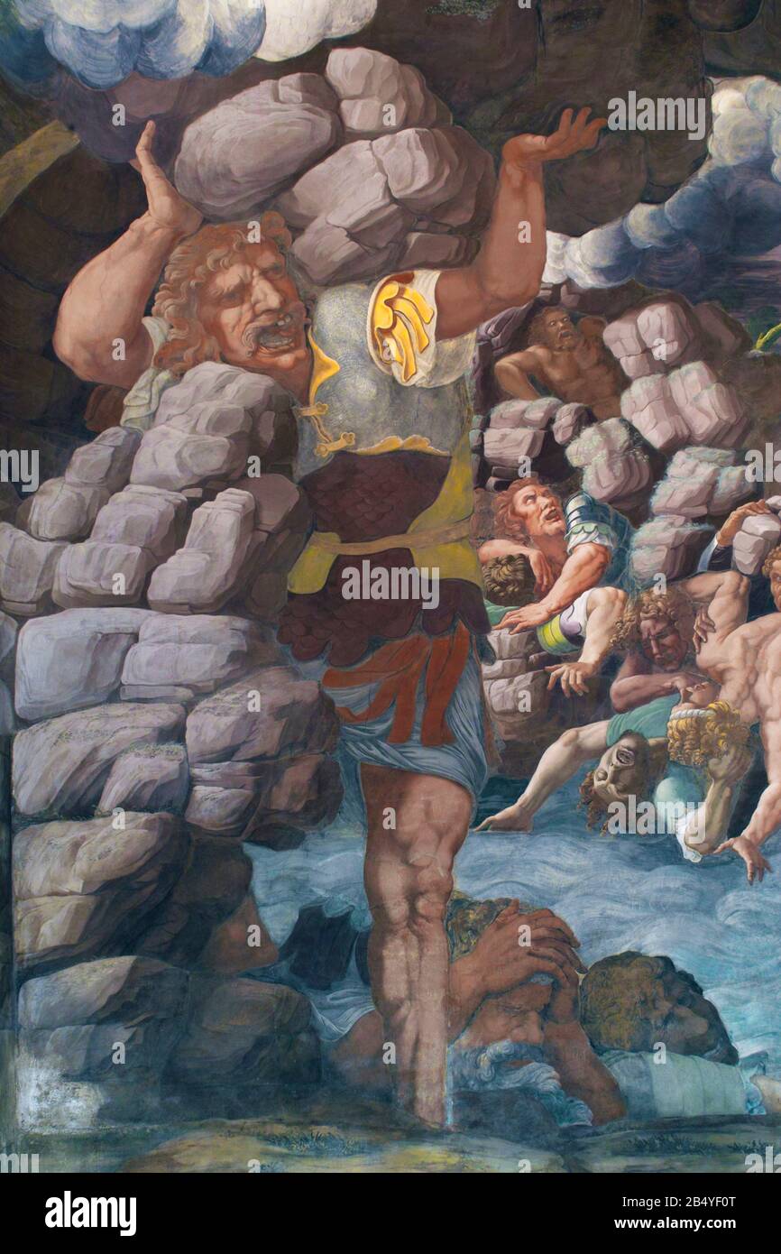 Dettagli dell'affresco di Giulio Romano (16th sec.) nella Camera dei Giganti all'interno di Palazzo te, Mantova, Lombardia, Italia. Foto Stock