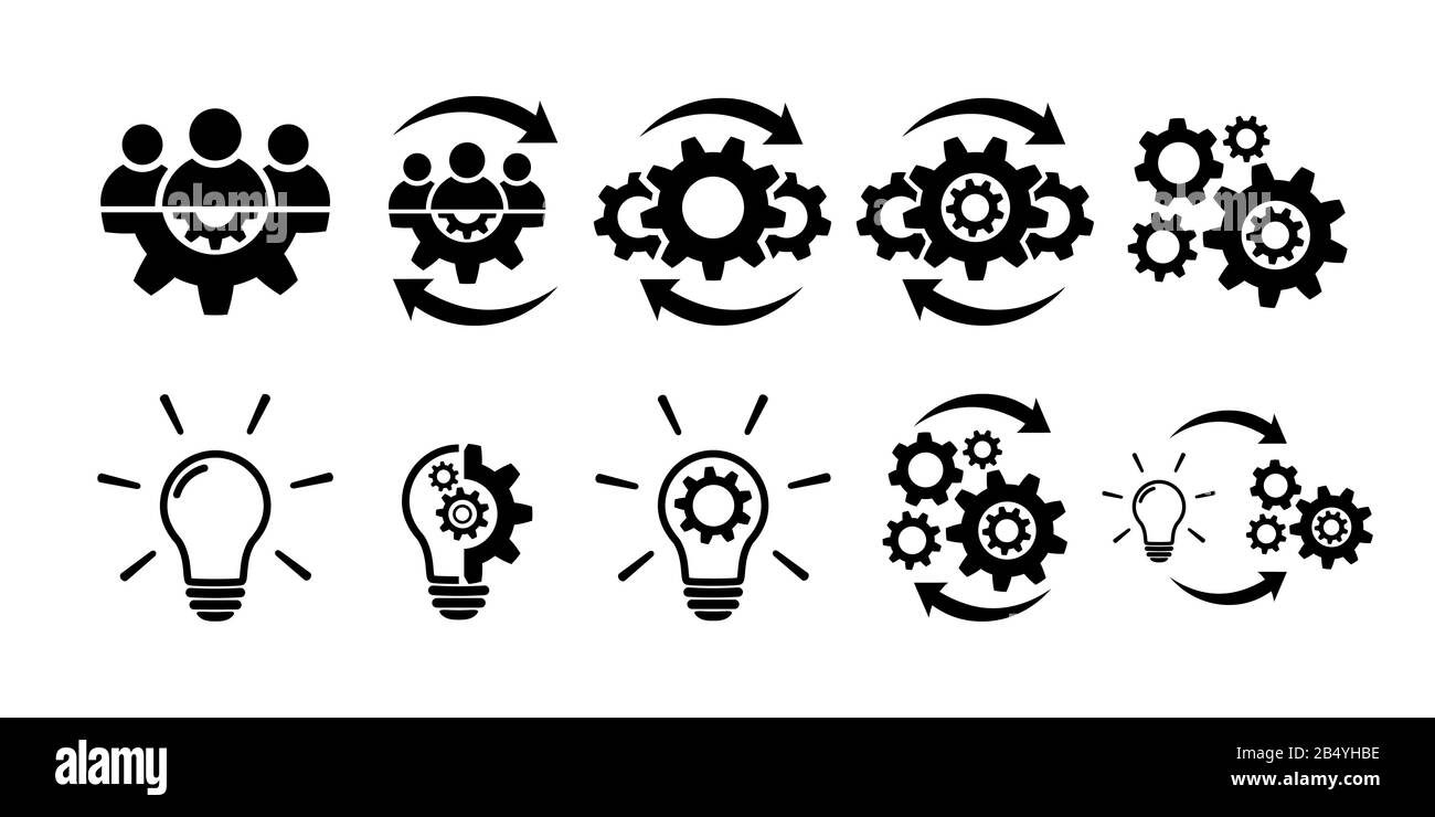 Insieme di icone di lavoro di squadra e di linea creativa. Squadra e attrezzatura Illustrazione Vettoriale