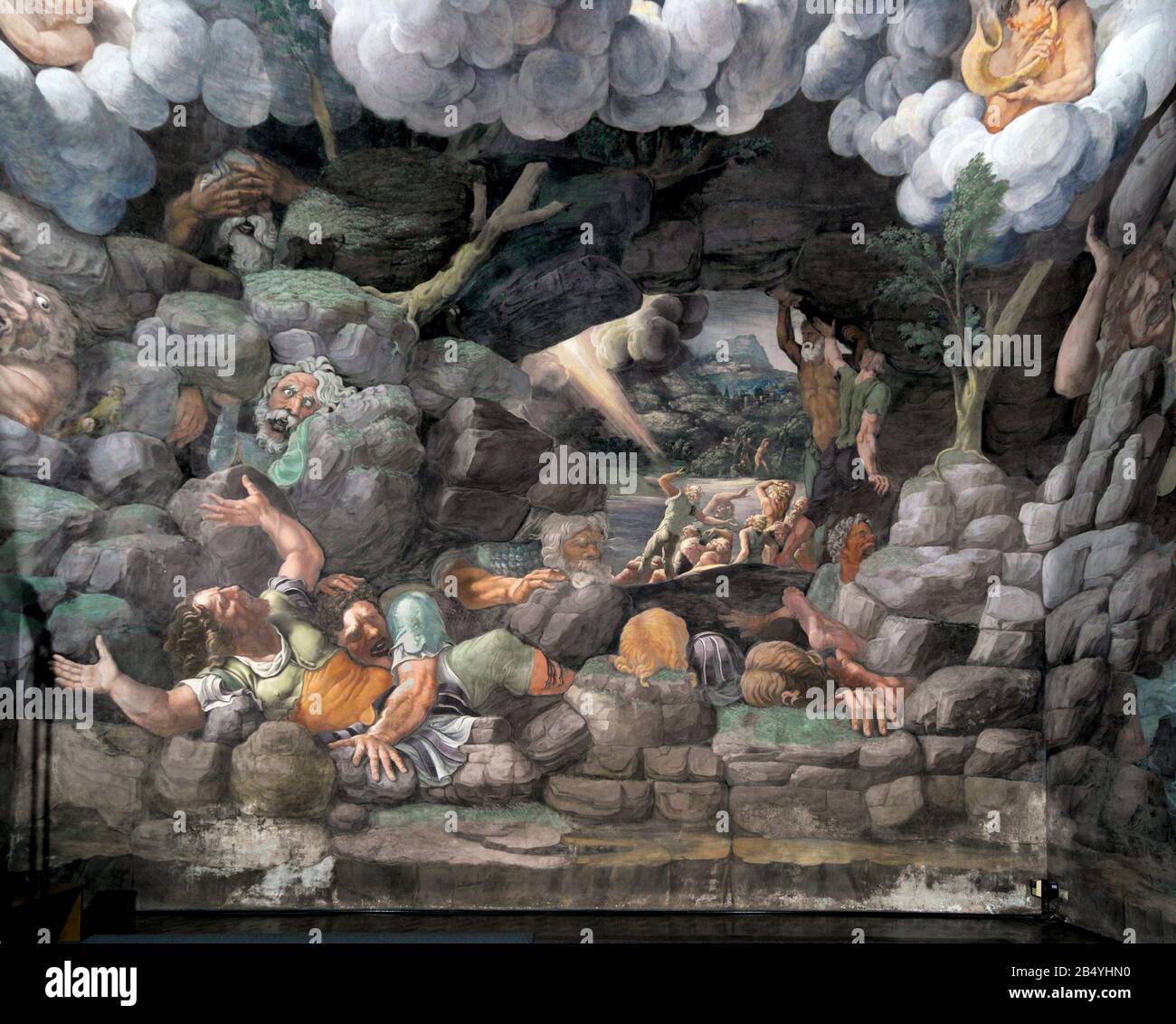 Dettagli dell'affresco di Giulio Romano (16th sec.) nella Camera dei Giganti all'interno di Palazzo te, Mantova, Lombardia, Italia. Foto Stock