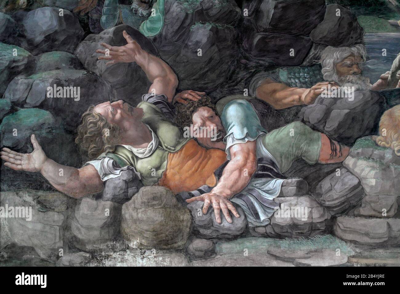 Dettagli dell'affresco di Giulio Romano (16th sec.) nella Camera dei Giganti all'interno di Palazzo te, Mantova, Lombardia, Italia. Foto Stock