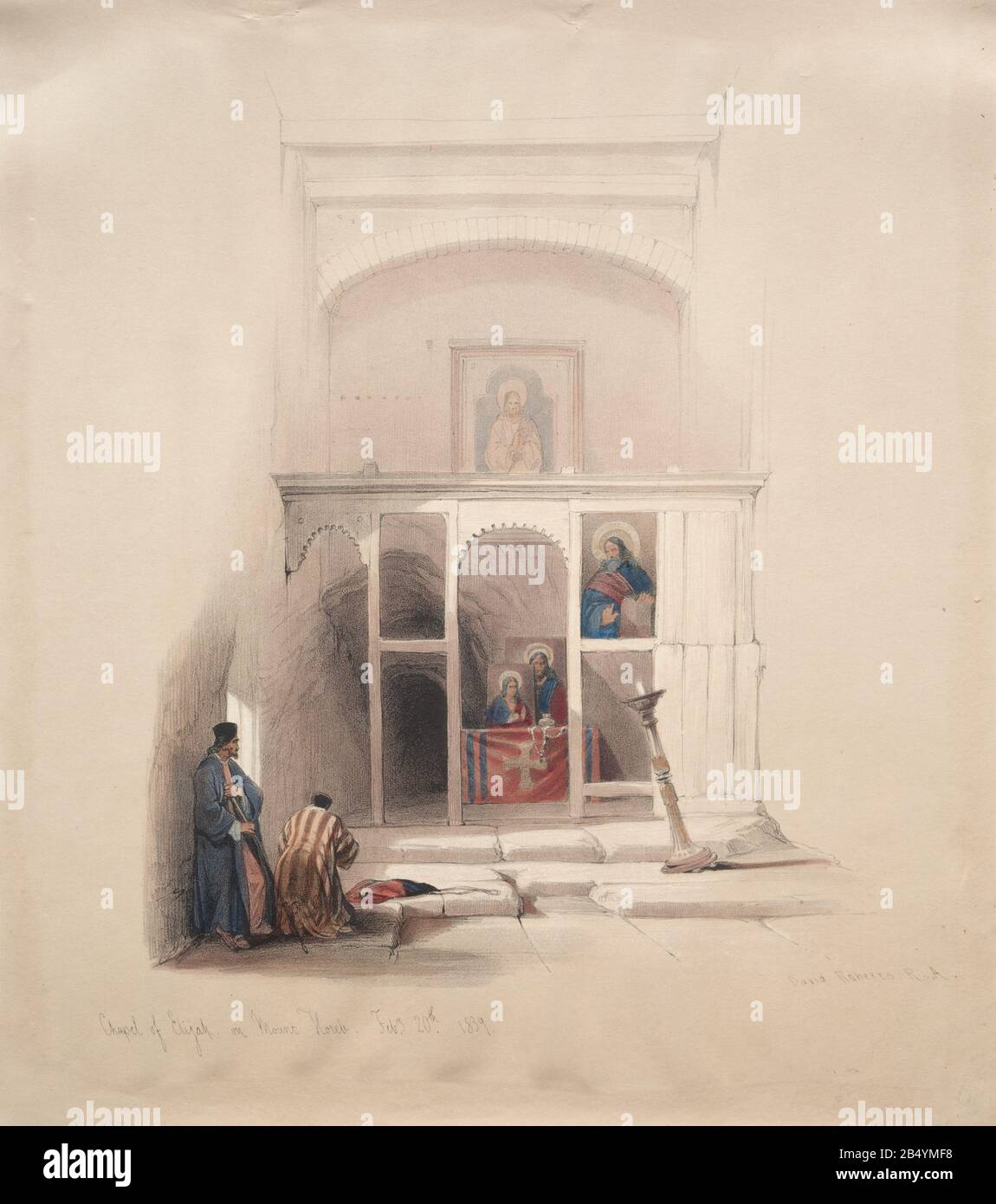 Cappella di Elia sul Monte Horeb, Sinai, litografia a colori di David Roberts (1796-1864). Una ristampa in incisione di Louis Haghe è stata pubblicata in un libro 'The Holy Land, Syria, Idumea, Arabia, Egitto e Nubia. Nel 1855 da D. Appleton & Co., 346 & 348 Broadway a New York. Foto Stock