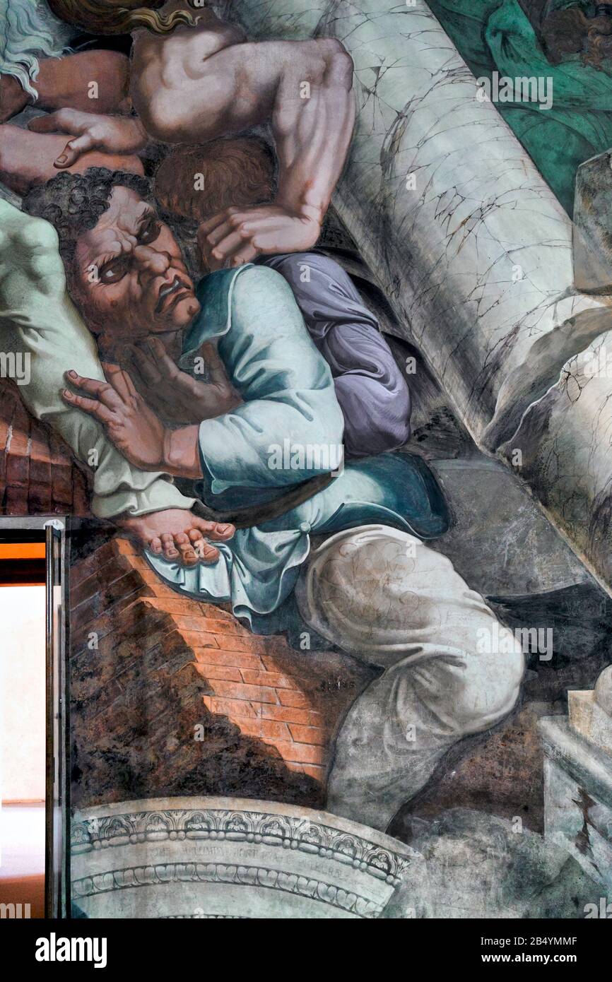 Dettagli dell'affresco di Giulio Romano (16th sec.) nella Camera dei Giganti all'interno di Palazzo te, Mantova, Lombardia, Italia. Foto Stock