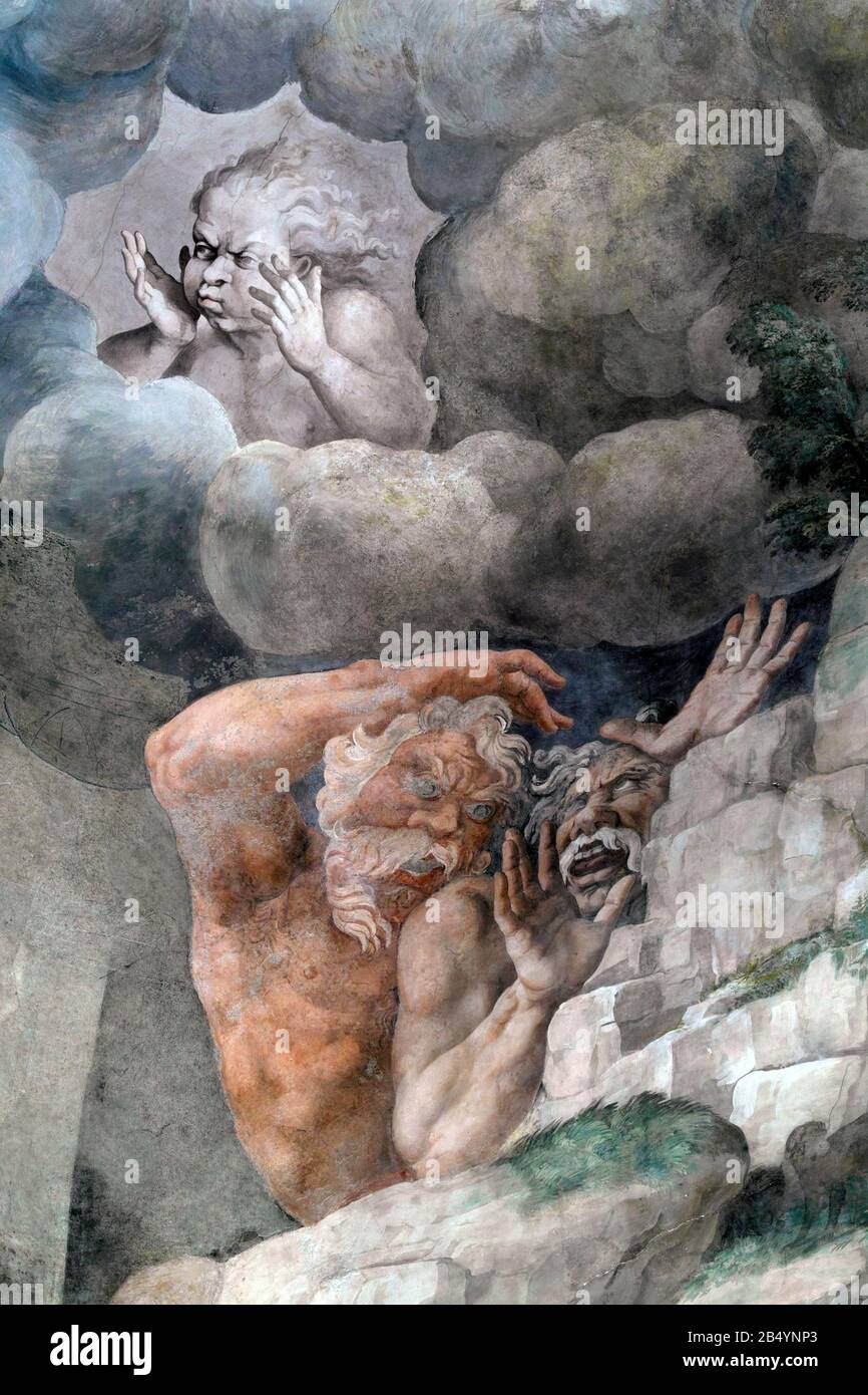 Dettagli dell'affresco di Giulio Romano (16th sec.) nella Camera dei Giganti all'interno di Palazzo te, Mantova, Lombardia, Italia. Foto Stock