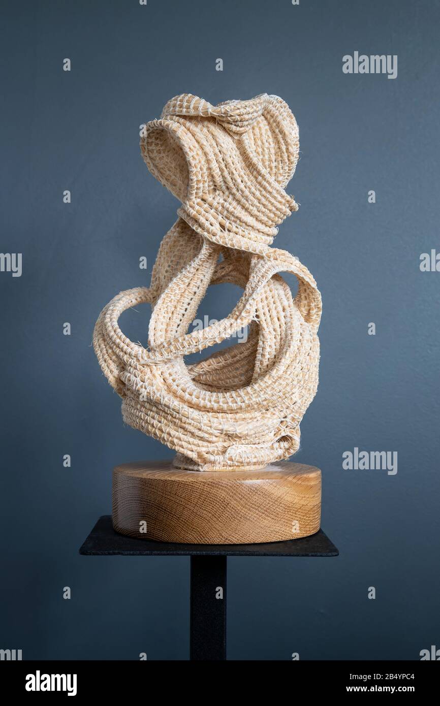 Scultura tessile con tecnica a crochet comprendente corda sisal e cotone a crochet filato su una base di quercia dell'artista Judy Tadman Foto Stock