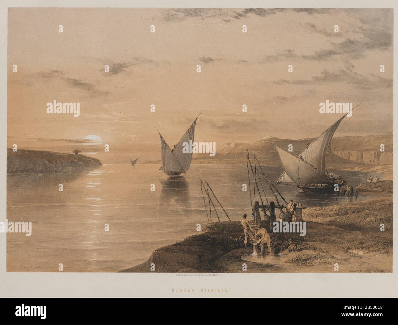 Barche sul Nilo 1847 litografia a colori di David Roberts (1796-1864). Una ristampa in incisione di Louis Haghe è stata pubblicata in un libro 'The Holy Land, Syria, Idumea, Arabia, Egitto e Nubia. Nel 1855 da D. Appleton & Co., 346 & 348 Broadway a New York. Foto Stock