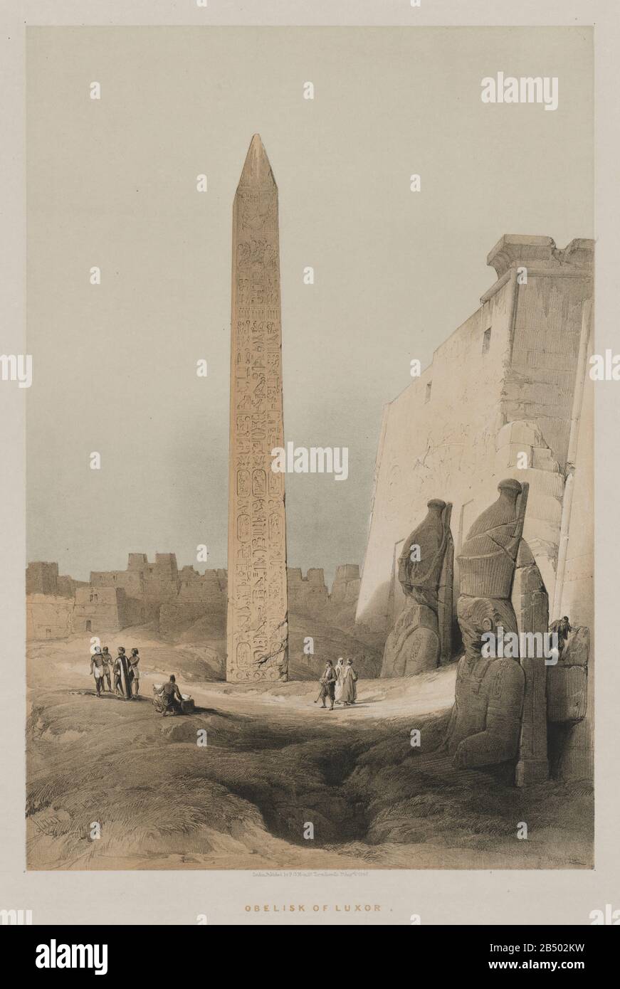 Obelisco di Luxor 1846 litografia a colori di David Roberts (1796-1864). Una ristampa di incisione di Louis Haghe fu pubblicata in un libro 'la Terra Santa, Siria, Idumea, Arabia, Egitto e Nubia. Nel 1855 da D. Appleton & Co., 346 & 348 Broadway a New York. Foto Stock