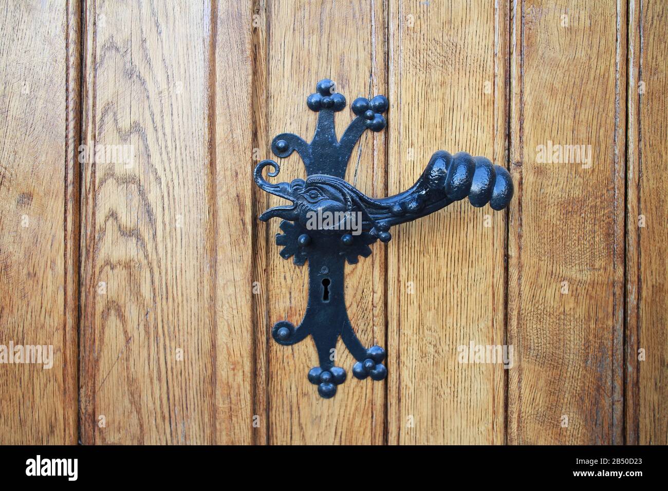 inusuale maniglia a porta nera vintage a forma di mitica testa di uccello su sfondo di legno, elemento di design fiabesco di un periodo medievale Foto Stock