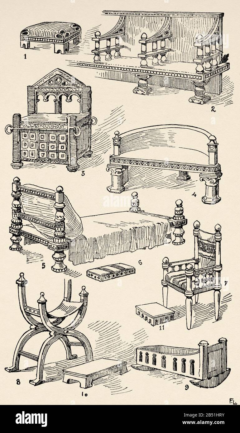 Medioevo. Mobili in legno. Sgabello, Panca, Sedia Takeaway, Panca, Lettino, Sgabelli, Poltrone, Culla. Vecchia illustrazione dell'incisione dal libro Historia uni Foto Stock