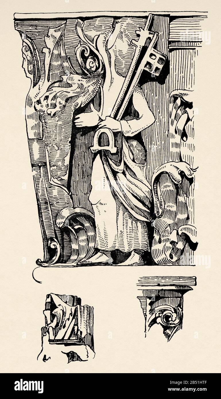 Medioevo. Architettura in Francia. Dettagli di architettura normanna, capitelli capitelli cattedrale di Bayeux. Vecchia illustrazione dell'incisione dal libro Hi Foto Stock