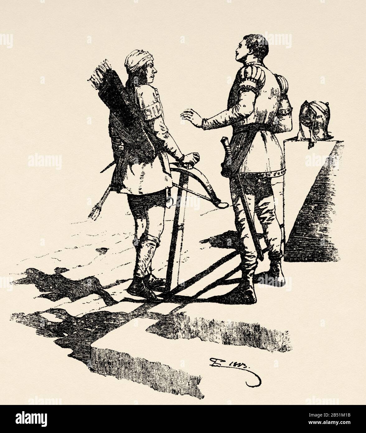 Fanteria del corpo dell'esercito di Spagna composto di barbowmen e boobies. Vecchia incisione del libro Historia de España di Alfredo Opisso 1885 Foto Stock