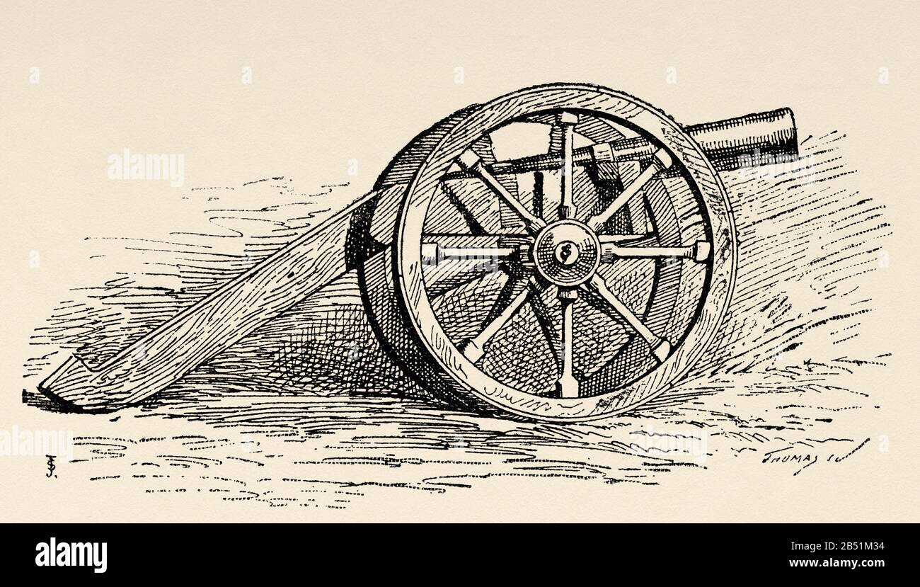 Arma da guerra di artiglieria. pezzo di artiglieria di campo del 15th secolo. Vecchia incisione del libro Historia de España di Alfredo Opisso 1885 Foto Stock