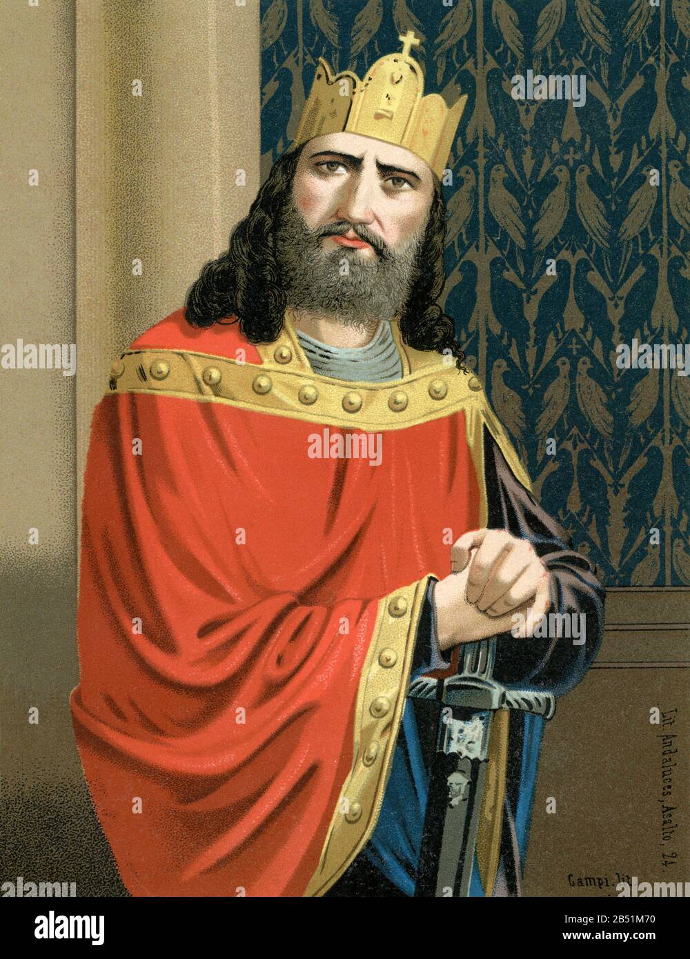 Vecchio ritratto litografico a colori. Carlo Magno, Carolus Magnus, era