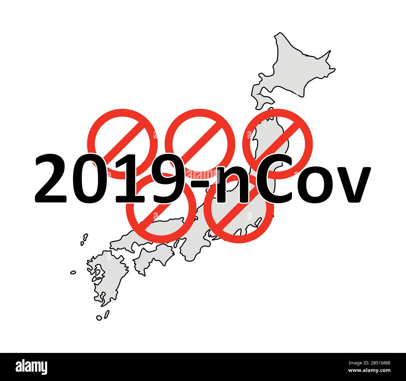 Il divieto delle Olimpiadi. Cancellazione delle Olimpiadi del 2020 in Giappone a causa del coronavirus 2019-nCov, covid-19. Cerchi olimpici di rosso proibizionismo si Illustrazione Vettoriale