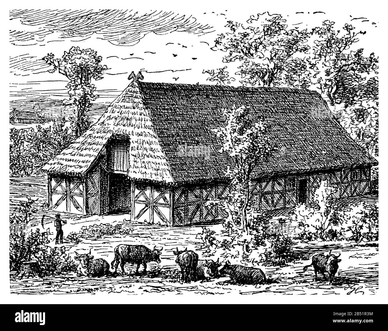 Sassonia, Germania - paesaggio rurale con casa colonica a graticcio con tetto di paglia coperto da paglia Foto Stock