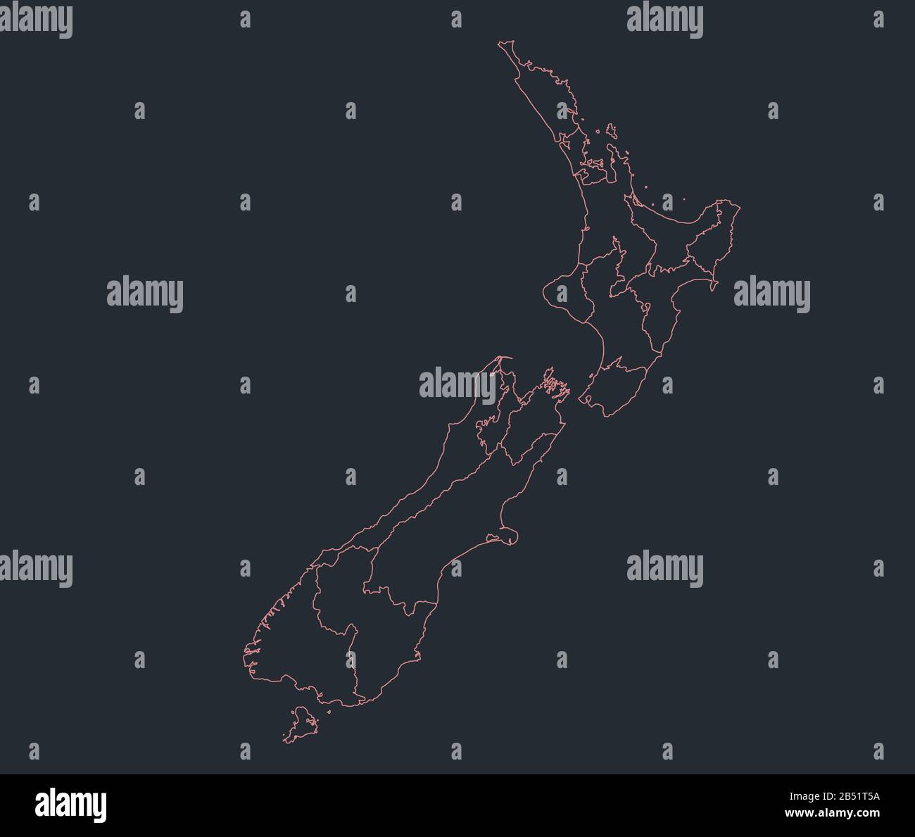 Infografica Nuova Zelanda disegno della mappa, disegno piatto, colore blu arancio bianco Foto Stock