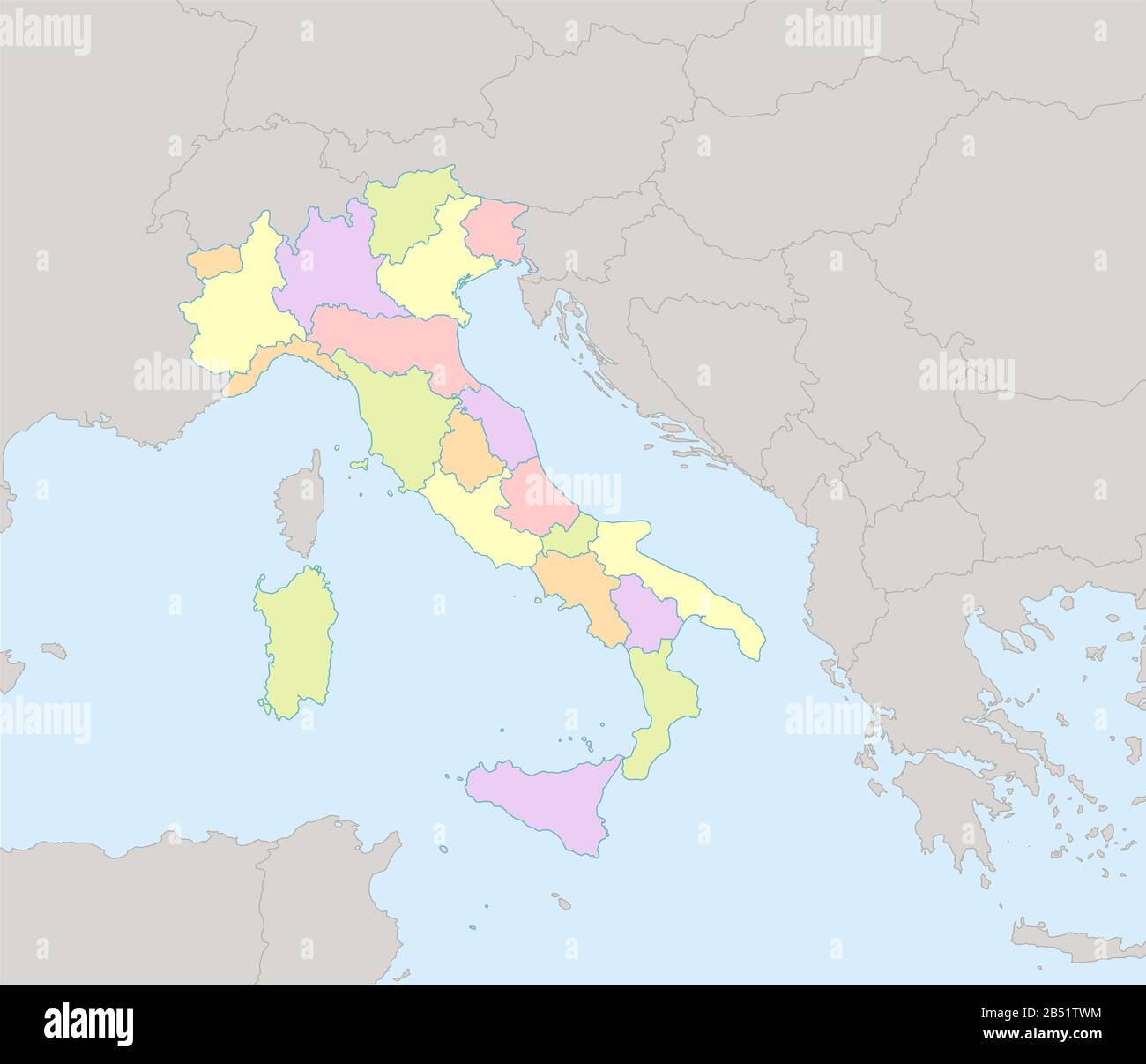 Mappa Italia con stati vicini, divisione amministrativa, mappe colori classici disegno vuoto Foto Stock