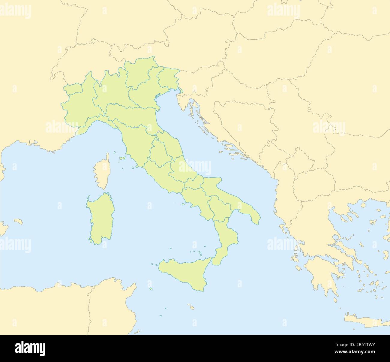 Mappa Italia con stati vicini, divisione amministrativa, mappa classica disegno vuoto Foto Stock