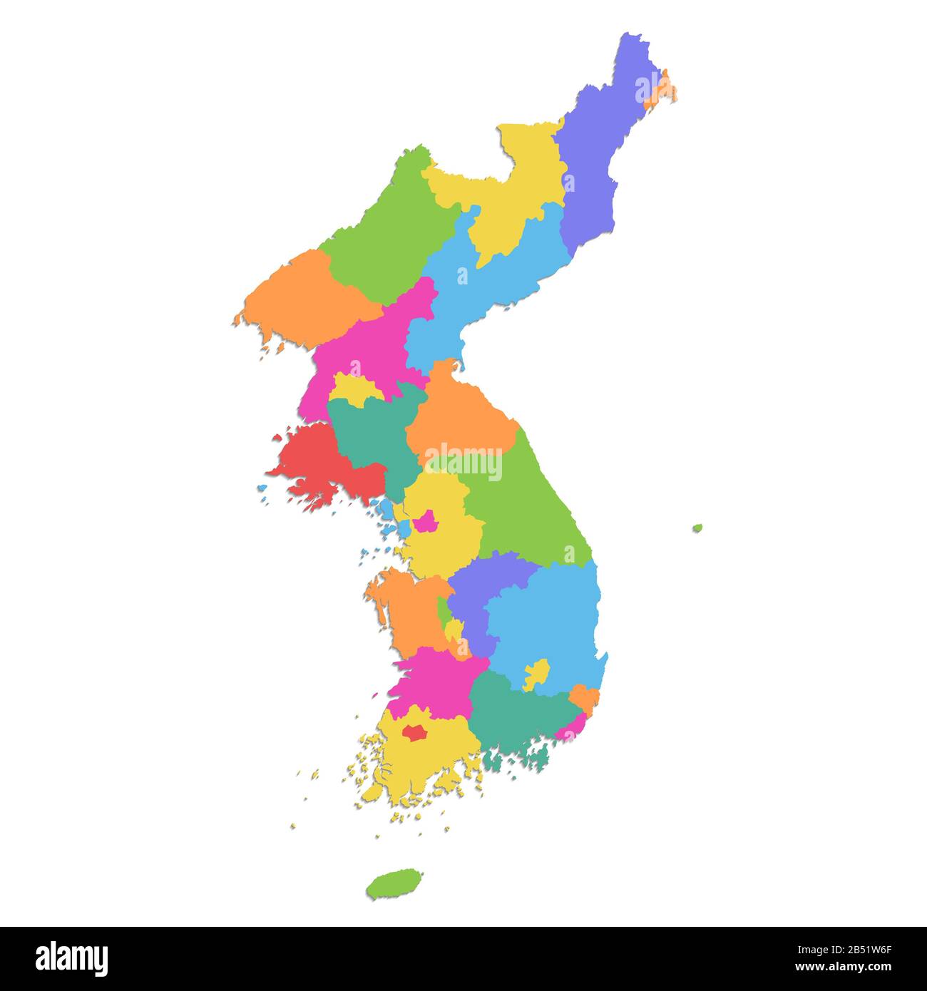 Mappa della Corea, divisione amministrativa nord e sud, mappa dei colori isolata su sfondo bianco vuoto Foto Stock