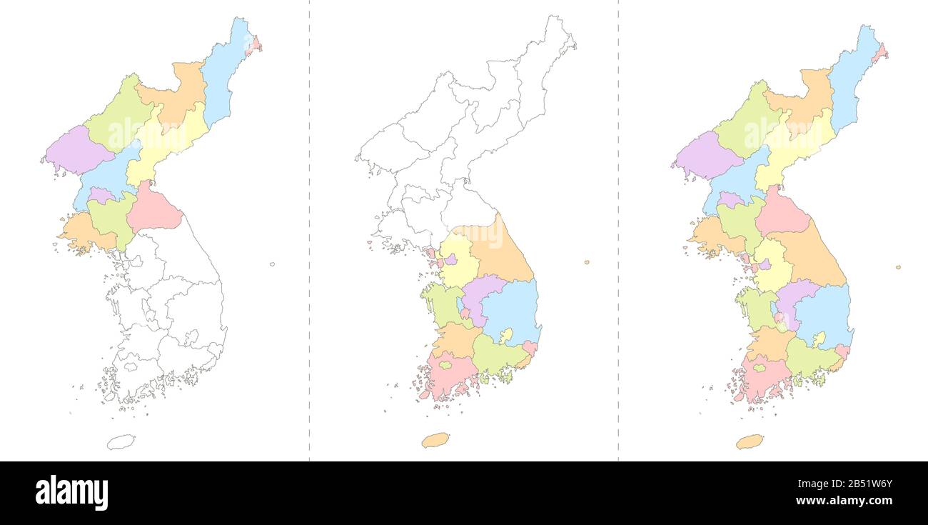 Mappa della Corea del Nord e della Corea del Sud divisa in divisioni amministrative, libro bianco raster coloring Foto Stock