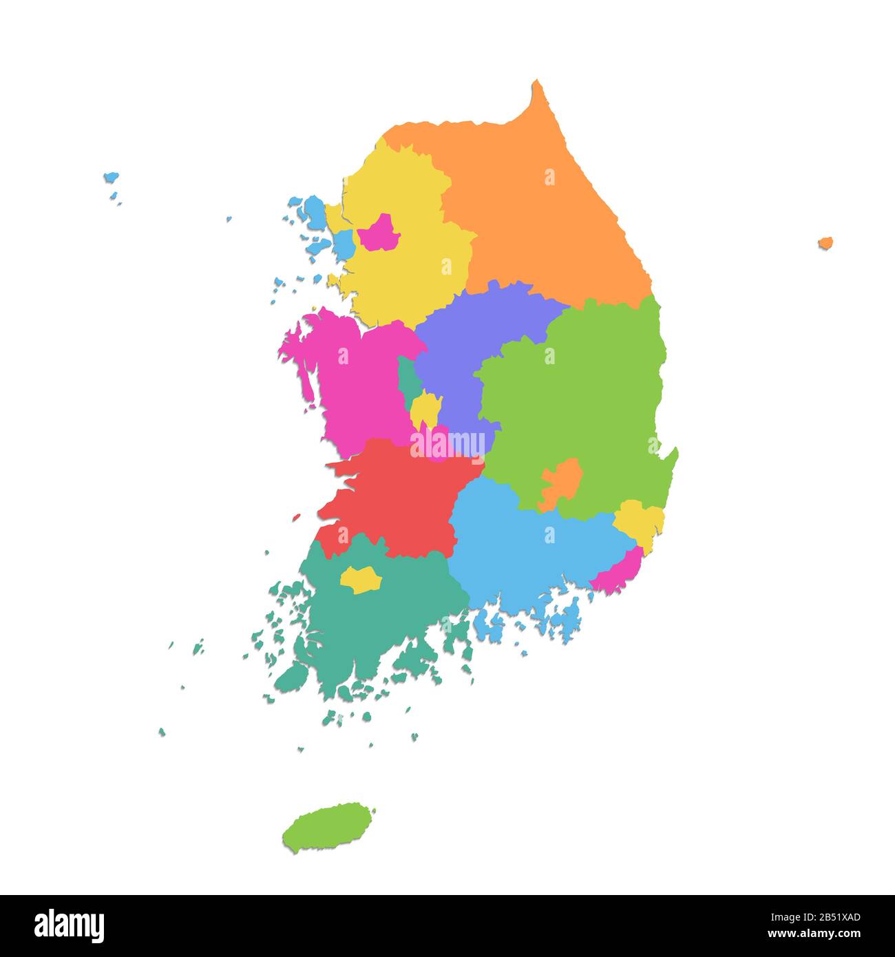 Mappa della Corea del Sud, Repubblica di Corea, divisione amministrativa, mappa dei colori isolata su sfondo bianco vuoto Foto Stock