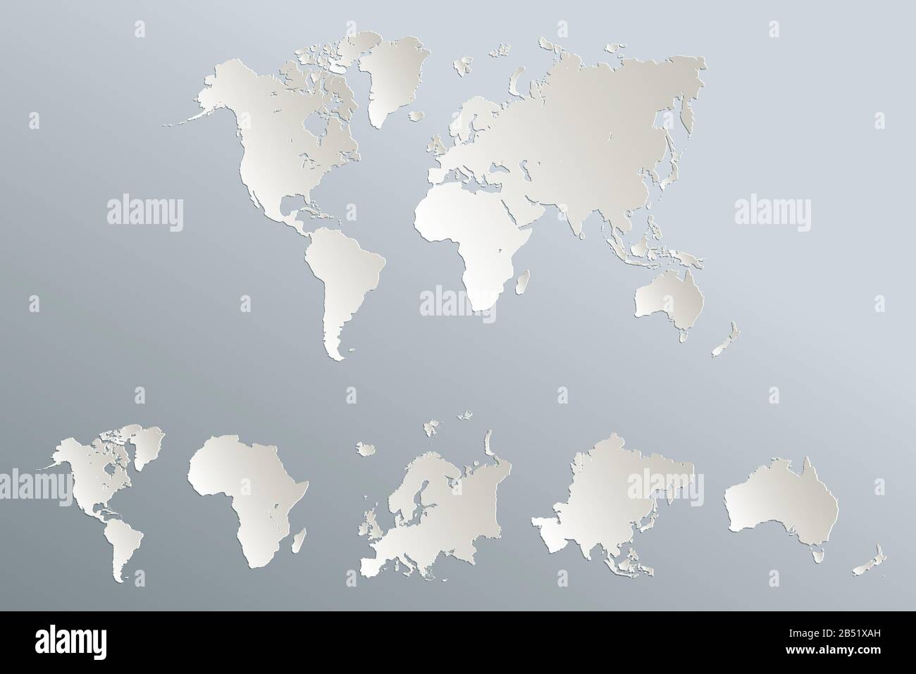 Mappa dei continenti del mondo, America, Europa, Africa, Asia, Australia, white paper blu 3D vuoto Foto Stock