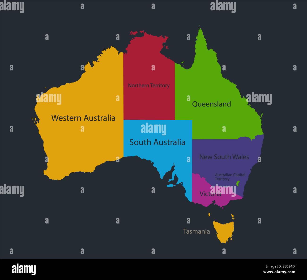 Infografica Australia mappa, colore piatto design, con nomi di singoli stati, sfondo blu vuoto Foto Stock
