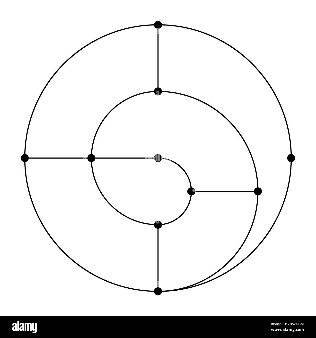 Simbolo geometrico astratto, isolato su sfondo bianco. Forme lineari nere con punti nei giunti. Logo lineare. Segno di geometria sacra. Illustrazione Vettoriale