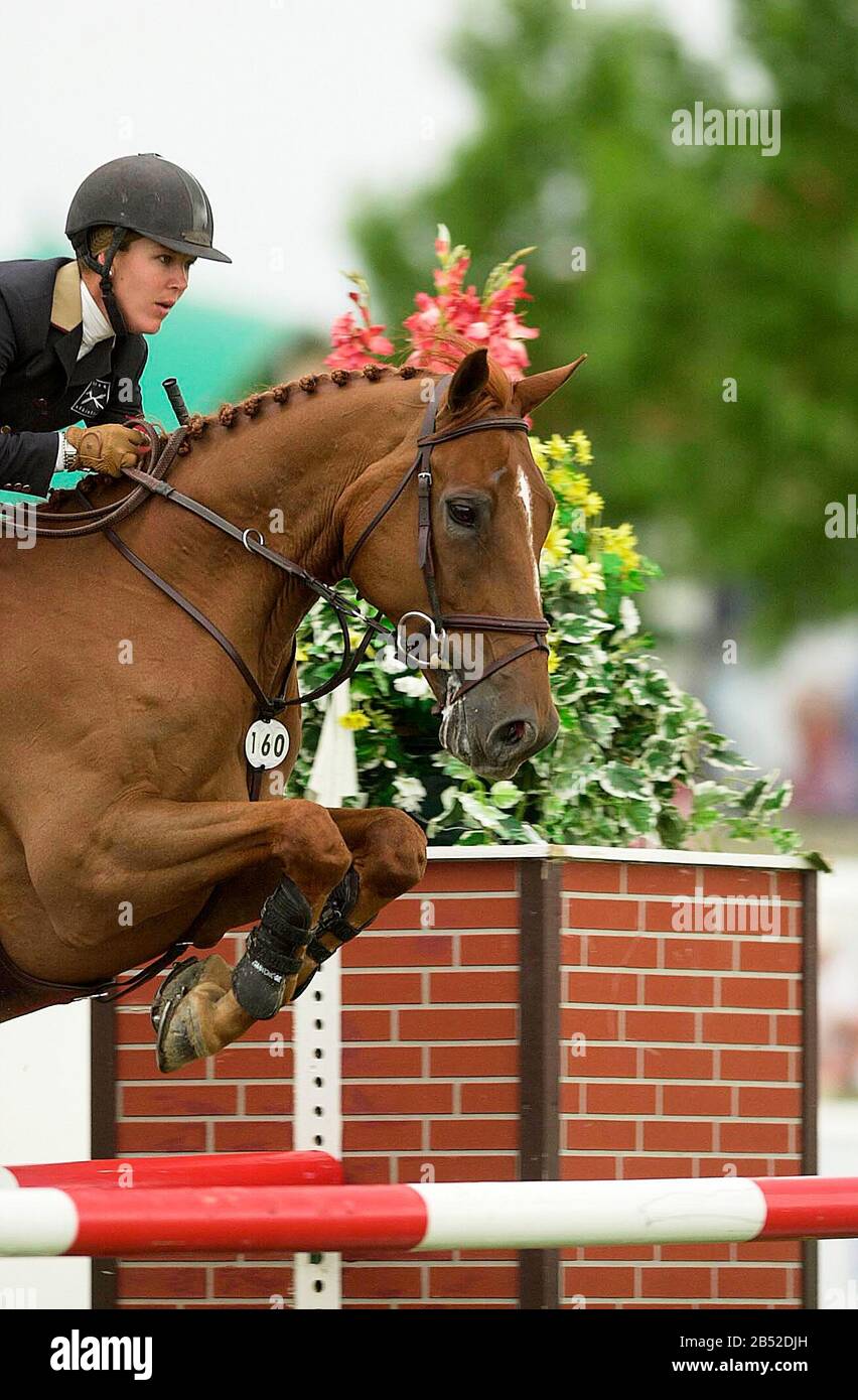 Canada 1, Spruce Meadows, Giugno 2002, Esso Challenge, Lauren Hough (Usa) In Sella A Windy City Foto Stock