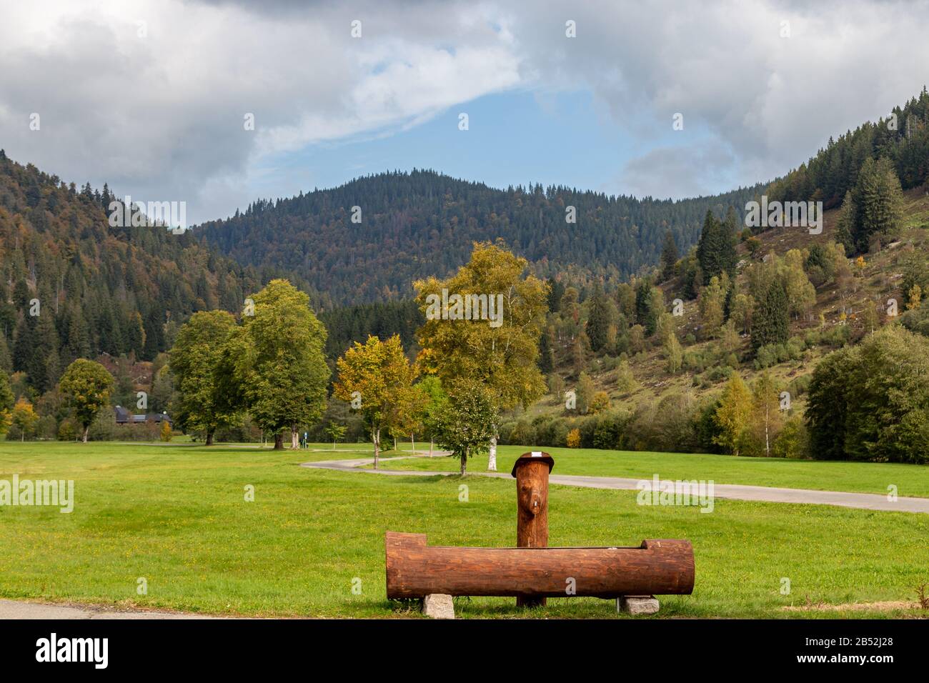 Paesaggio con fontana di legno potabile, prato verde, alberi multicolore, catena montuosa con foresta e cielo blu con nuvole nelle vicinanze Menzenschwand, Foto Stock