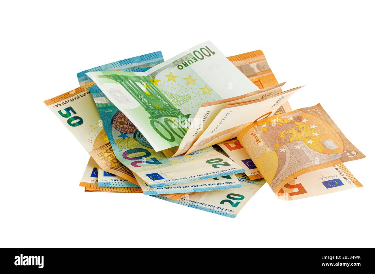 Banconote in euro isolate su sfondo bianco Foto Stock
