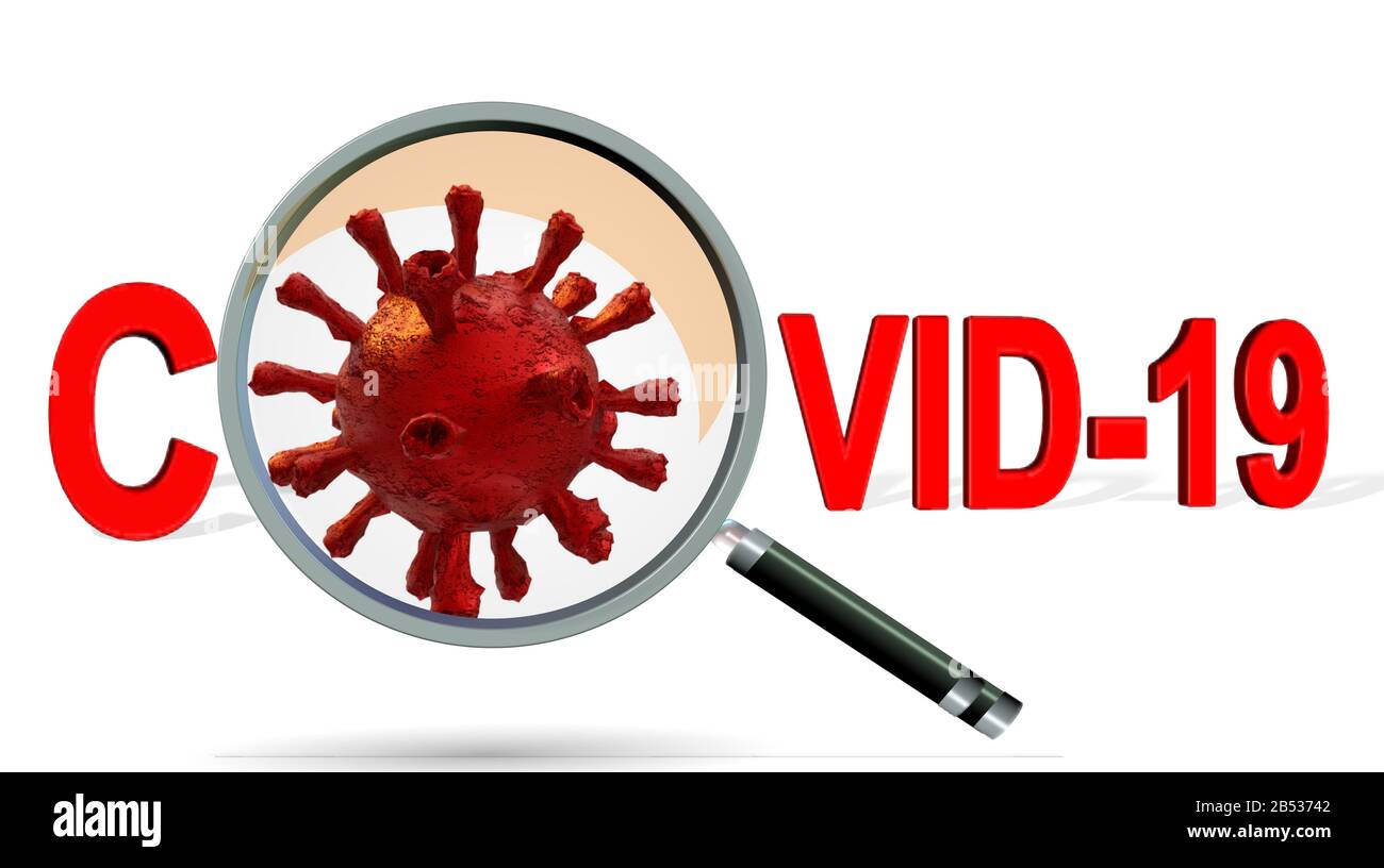 covid-19 virus coronavirus testo parola zoom anlaysis, isoted sfondo rosso mangify - 3d rendering Foto Stock