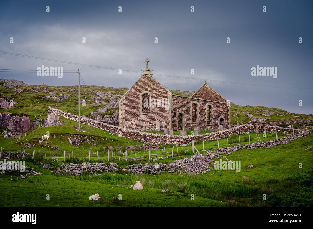 Chiesa in rovina con pecore tra le tombe, Highlands, Scozia, Regno Unito Foto Stock